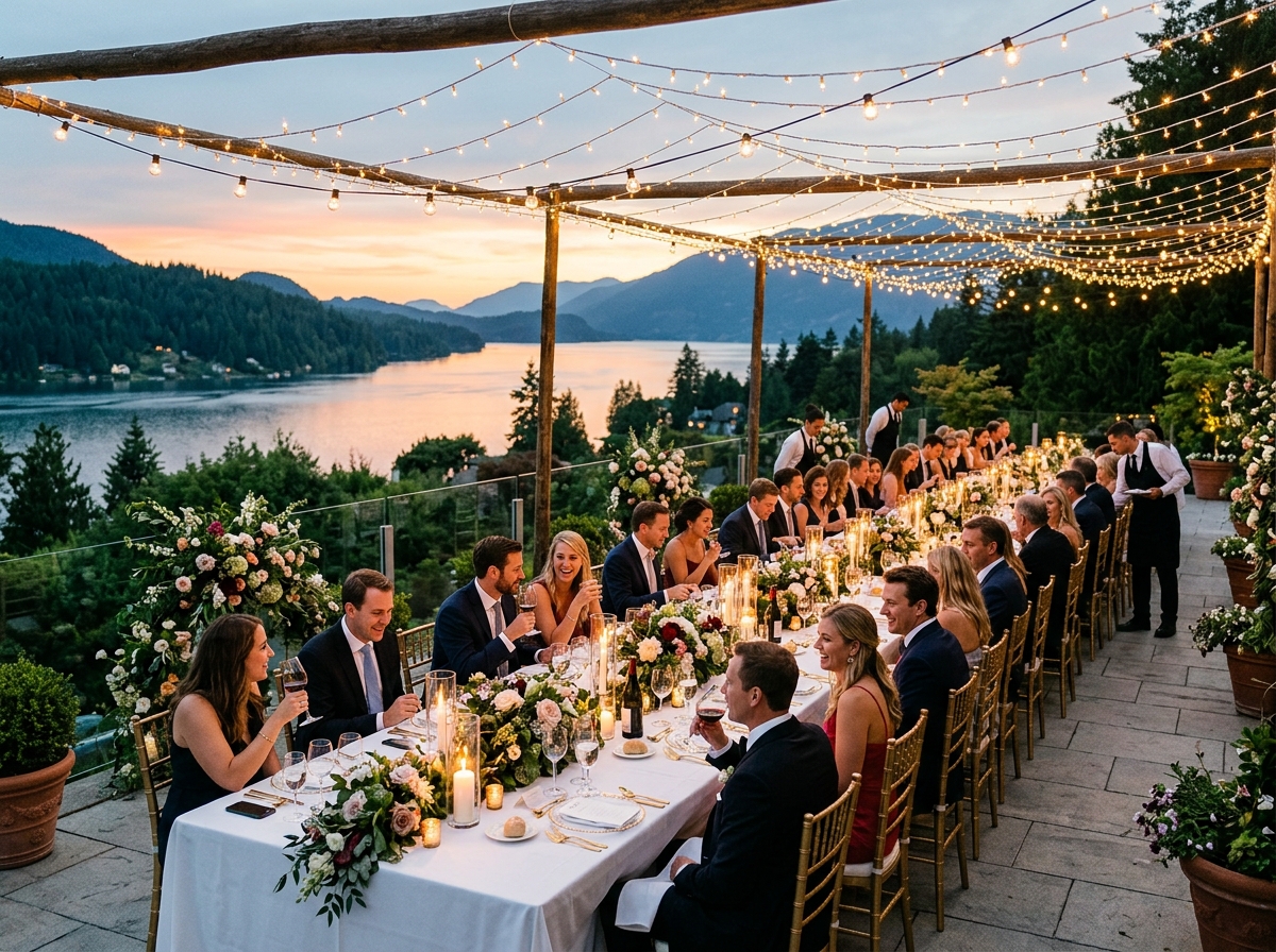 Lakeside dinner under fairy lights